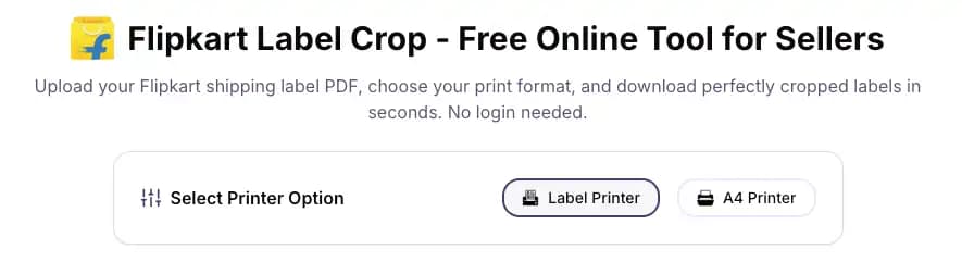 Selecting Label Printer or A4 Printer format in the Flipkart label crop tool
