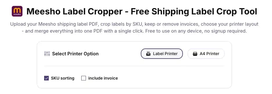 Meesho crop PDF settings panel on I Love Compress showing SKU sorting, invoice toggle, and printer type options