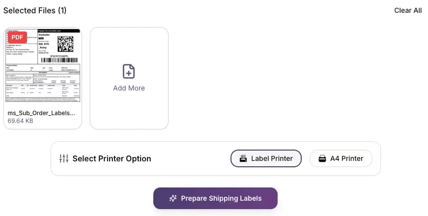 I Love Compress Meesho Crop PDF tool processing a large Meesho shipping label file with SKU sorting active