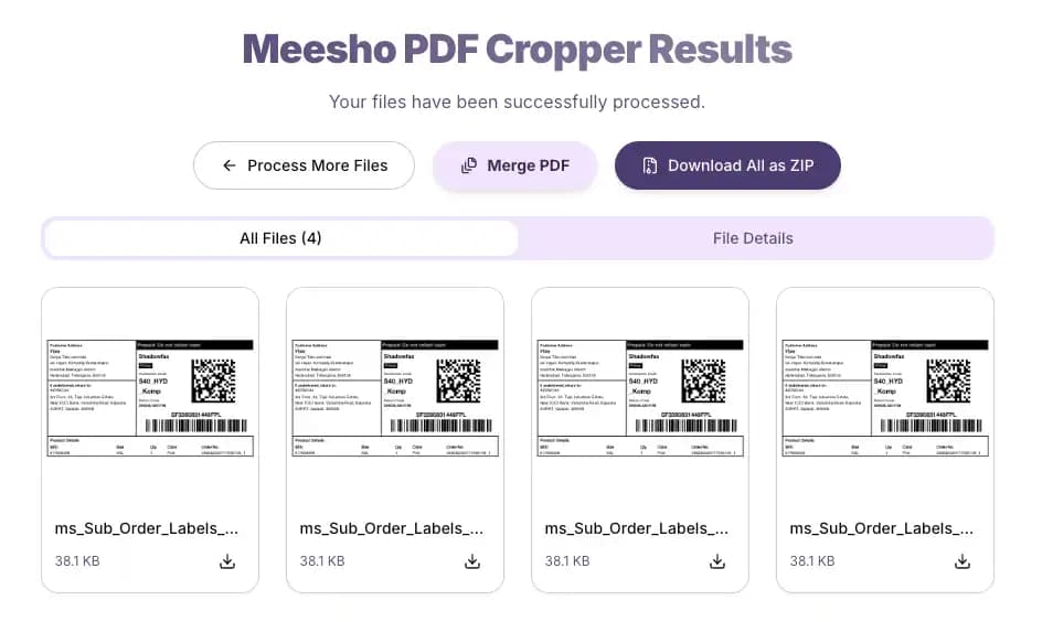Meesho Crop PDF result screen on I Love Compress showing processed PDF ready to download with one-click merge option